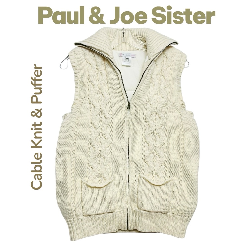 Paul & Joe Sister Cable Vest Wool Cable Knit Lining Pufer Full/Zip Pockets Sz 2